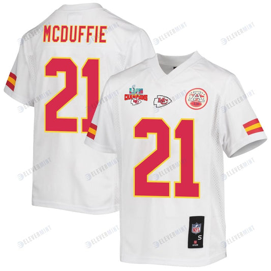 Trent McDuffie 21 Kansas City Chiefs Super Bowl LVII Champions 3 Stars Youth Game Jersey - White