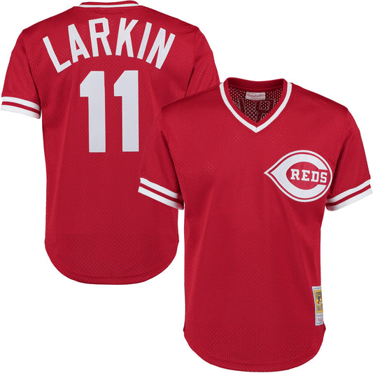 Barry Larkin Cincinnati Reds Mitchell & Ness Cooperstown Collection Mesh Batting Practice Button-Up Jersey - Red